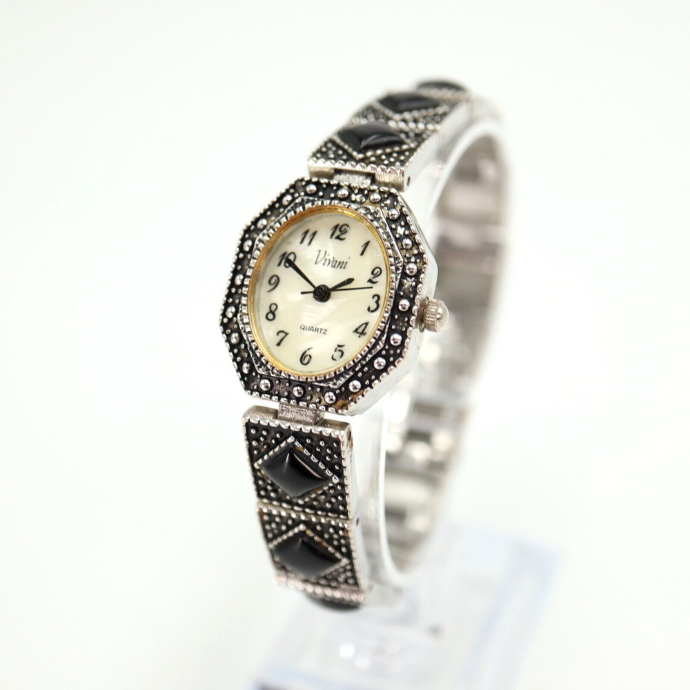 Vivani Womens Watch Octagon MOP Dial Silver Black Stone Bracelet w New Battery